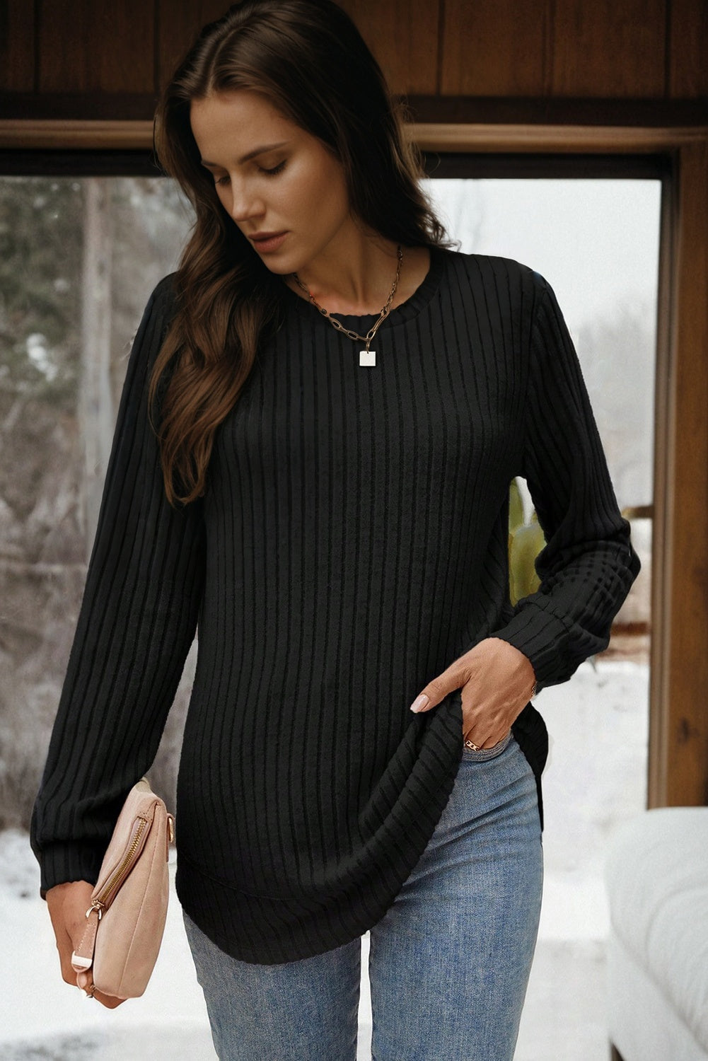 Jet Stream Ribbed Texture Round Neck Long Sleeve Knit Top