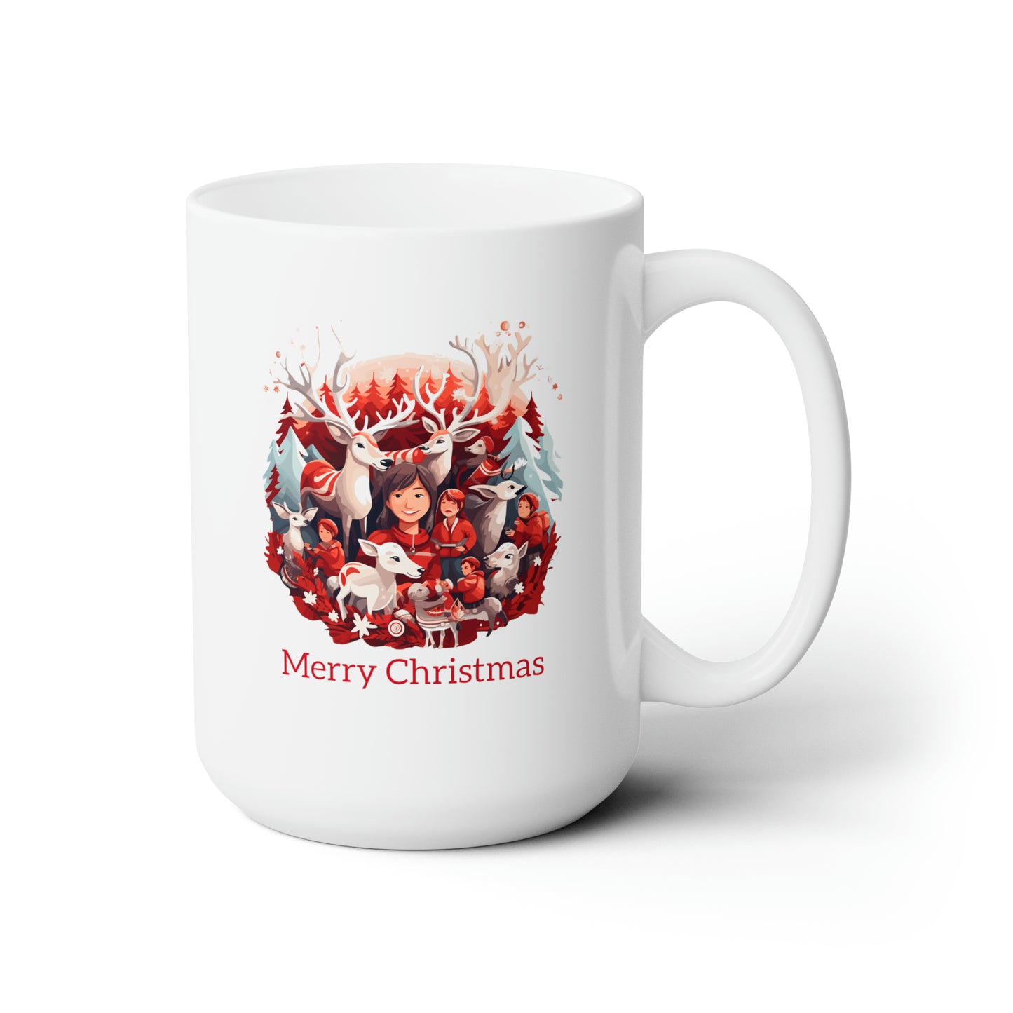 Happy kids with red and white reindeer in Christmas mood Ceramic Mug 15oz