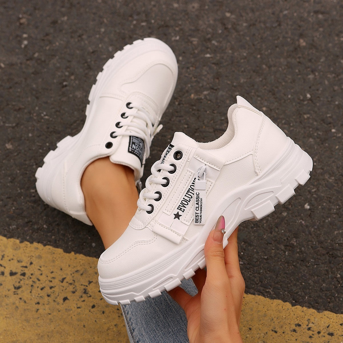 Women’s Lace-Up Side-Zipper Sports Sneakers with Thick Sole