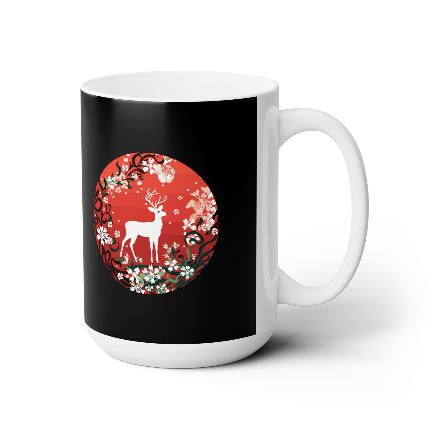 Holly Jolly reindeer in flourish mood, black Christmas Ceramic Mug 15oz