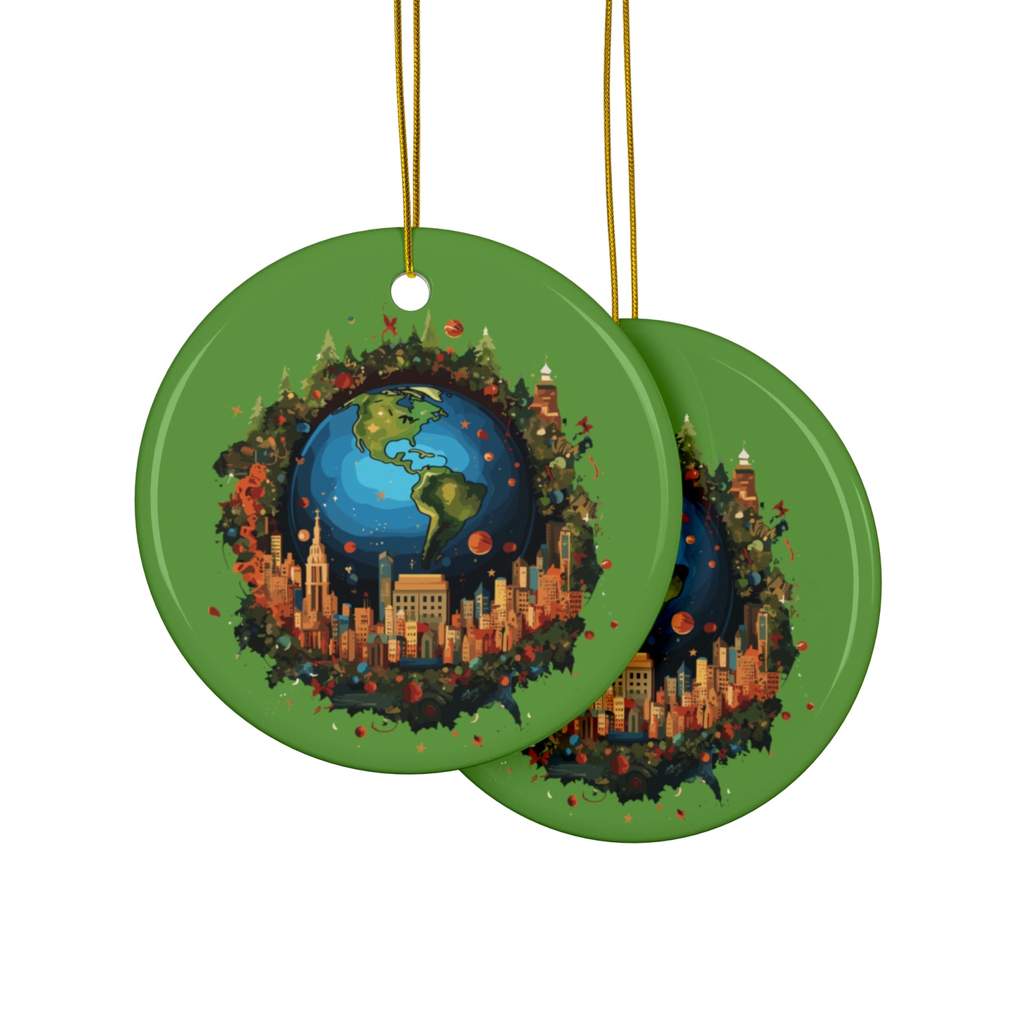 Earth in Christmas decorations and a big Christmas tree, green Ceramic Ornaments (1pc, 3pcs, 5pcs, 10pcs)