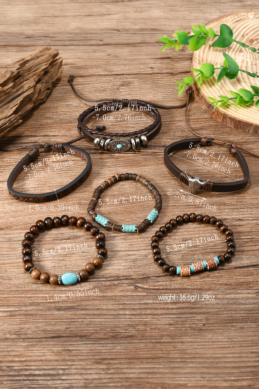 Chestnut Western Bull Skull Turquoise Beading 6 Piece Bracelet Set