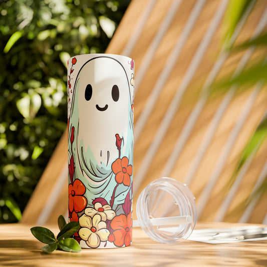 Halloween Skinny Tumbler with Straw 20oz - Spooky Drinkware - Ghost Theme - BPA-Free, Reusable Cup, Halloween Tumbler, Halloween Gift
