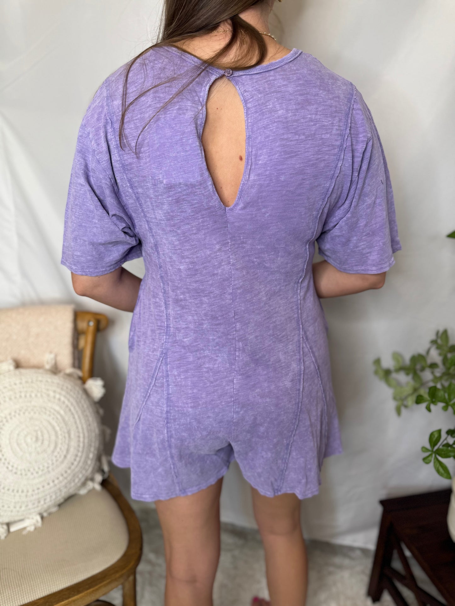 Mineral Washed Oversized Knit Comfy Romper Lavender