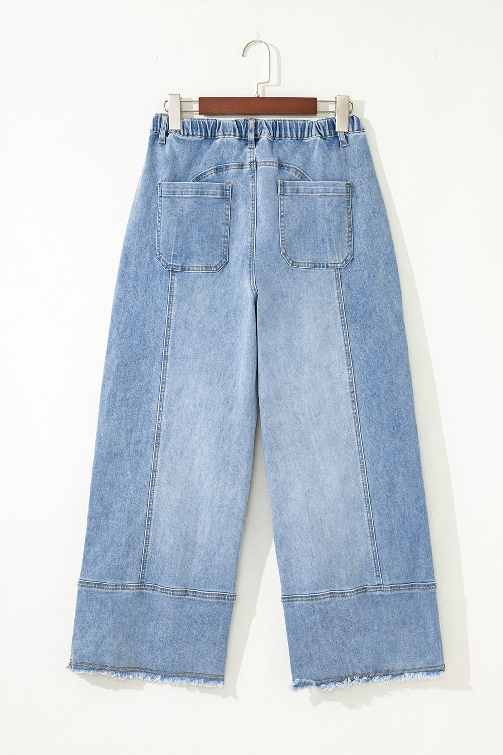 Prussian Blue Drawstring Waist Seam Detail Raw Hem Wide Leg Denim Pants