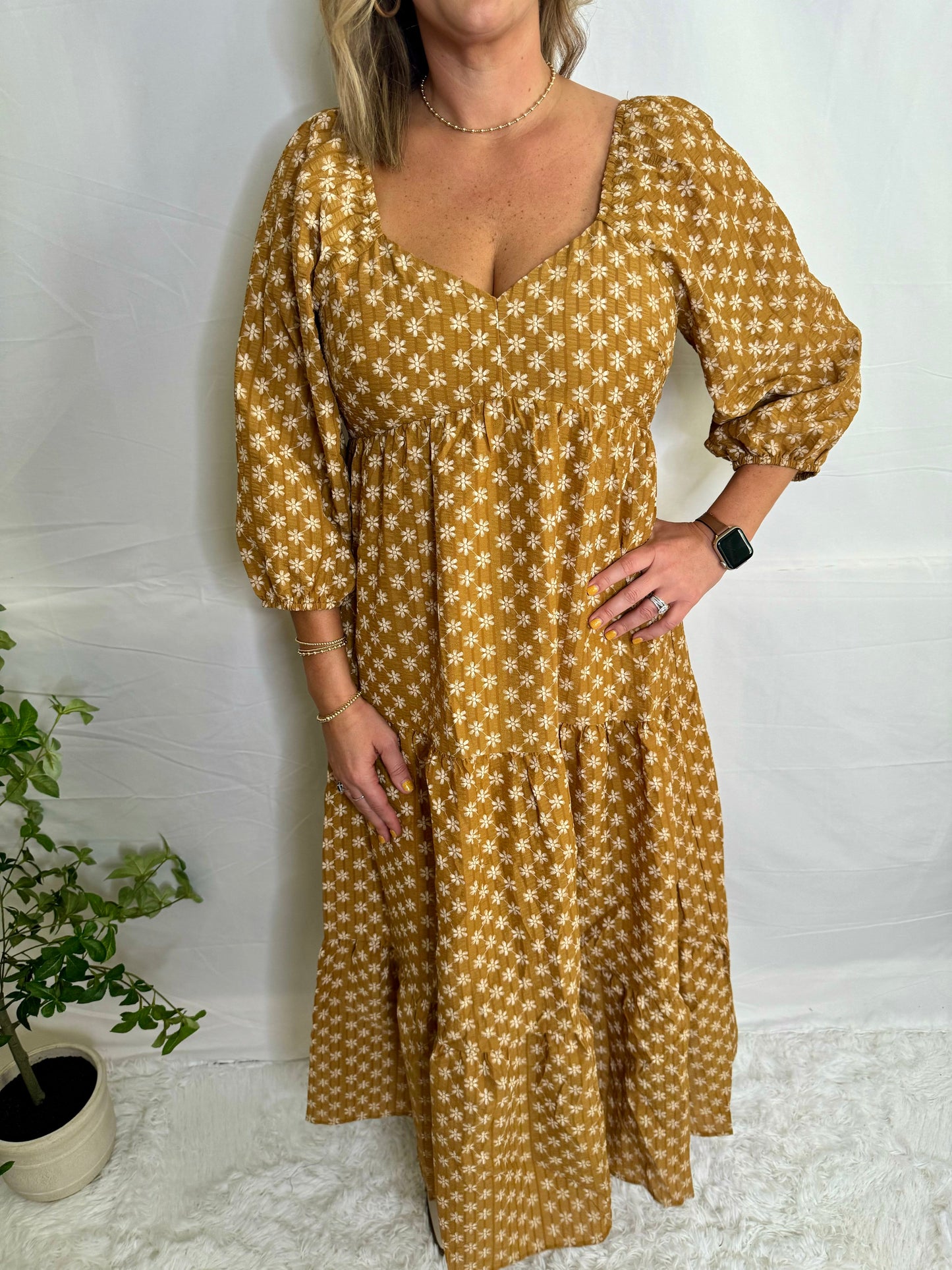 Mustard Daisy Flower Print Maxi Dress Sweet Jude