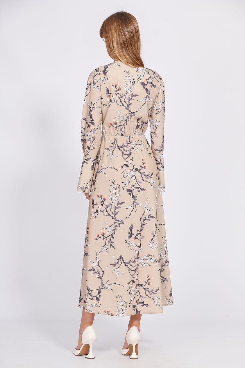 Long Sleeve Beige Floral Print Dress
