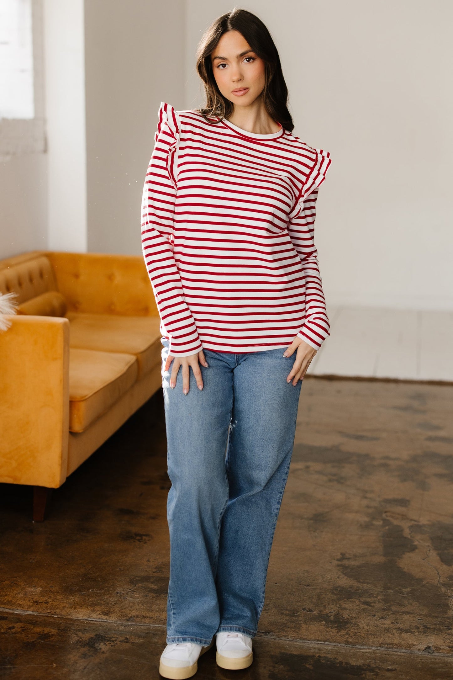 Red Stripe Ruffle Trim Long Sleeve Round Neck Top