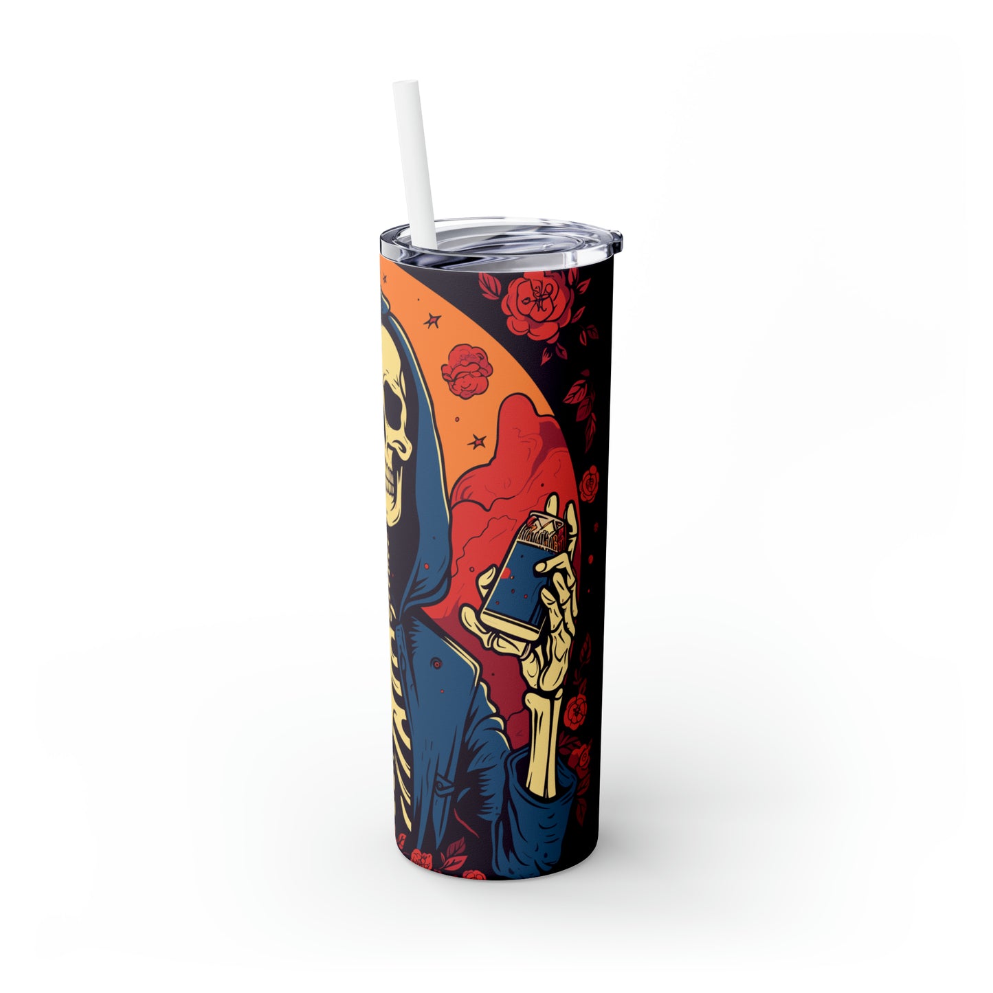 Halloween Skinny Tumbler with Straw 20oz - Spooky Drinkware, Skeleton Theme, BPA-Free, Reusable Cup, Halloween Tumbler, Halloween Gift