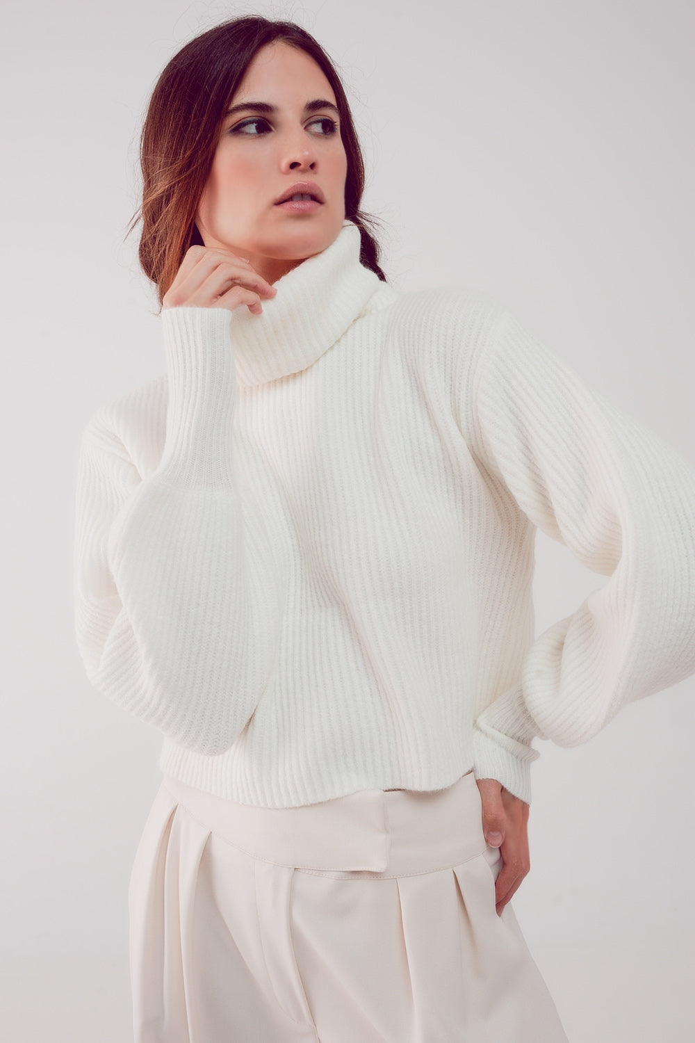 High Neck Cream Balloon Sleeve Jumper Chunky Knit Sweater