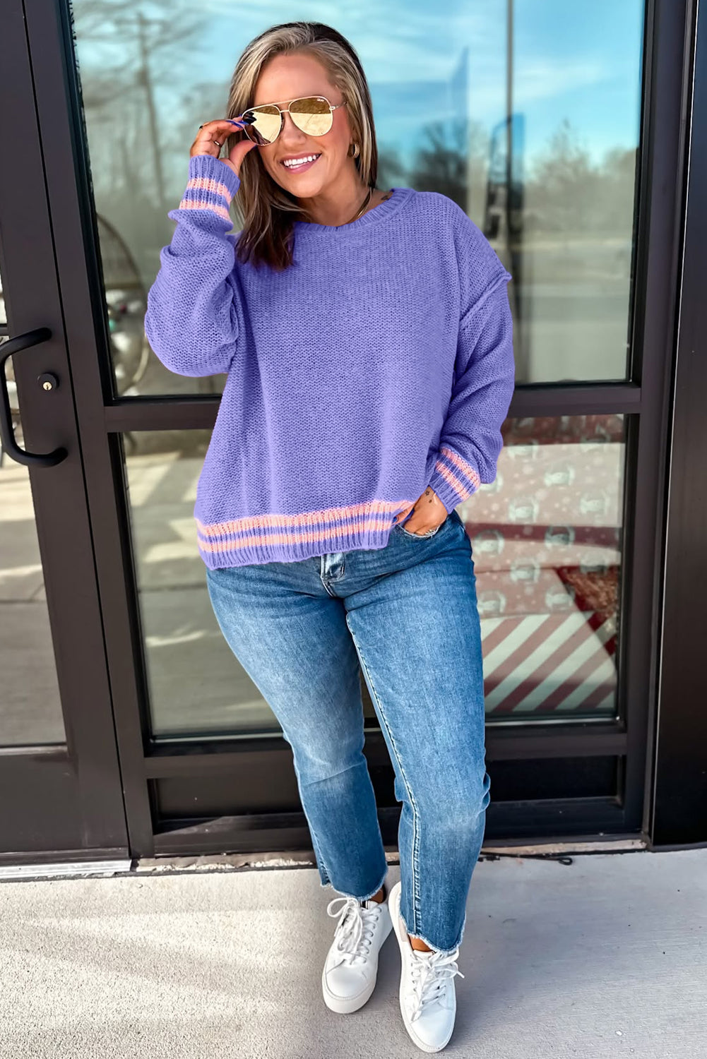 Plus Size Striped Trim Drop Shoulder Knit Loose Sweater Wisteria