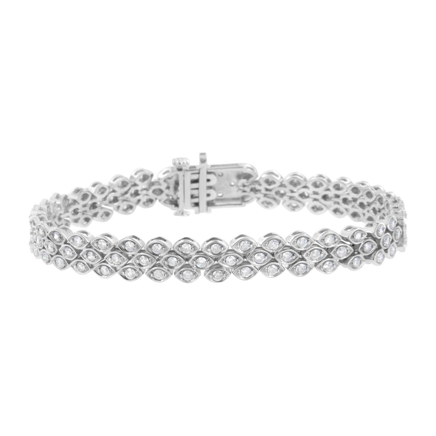 .925 Sterling Silver Diamond Pave-Set Marquise Shaped Banded Link Bracelet