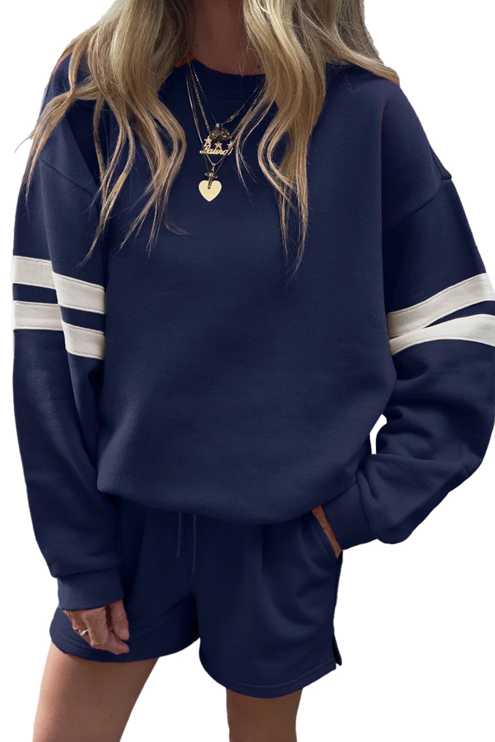 Varsity Striped Sleeve Drop Shoulder Sweatshirt and Shorts Set Evergreen