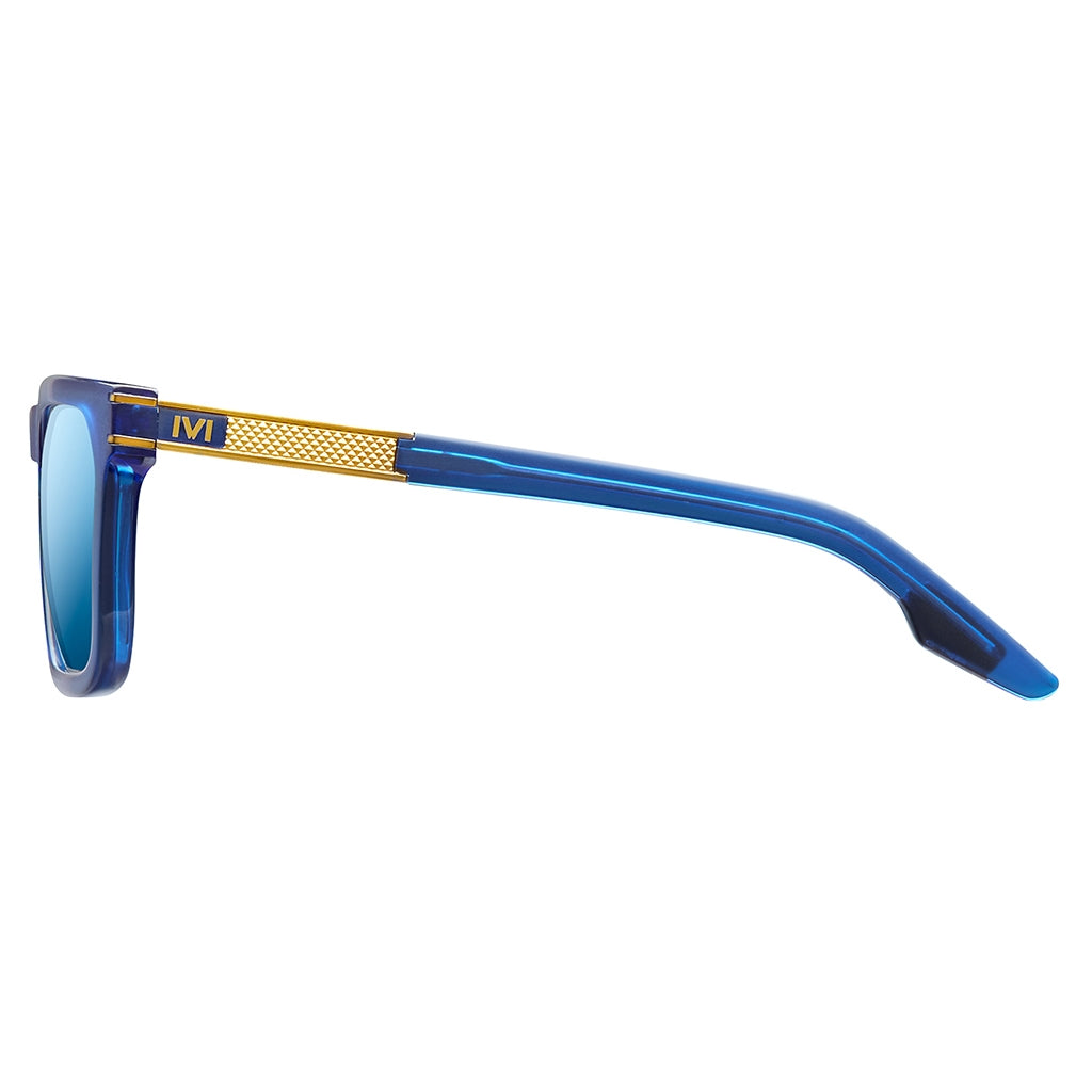 Gravitas Matte Midway Blue Antique Brass Sunglasses with Pacific Blue Flash Lens