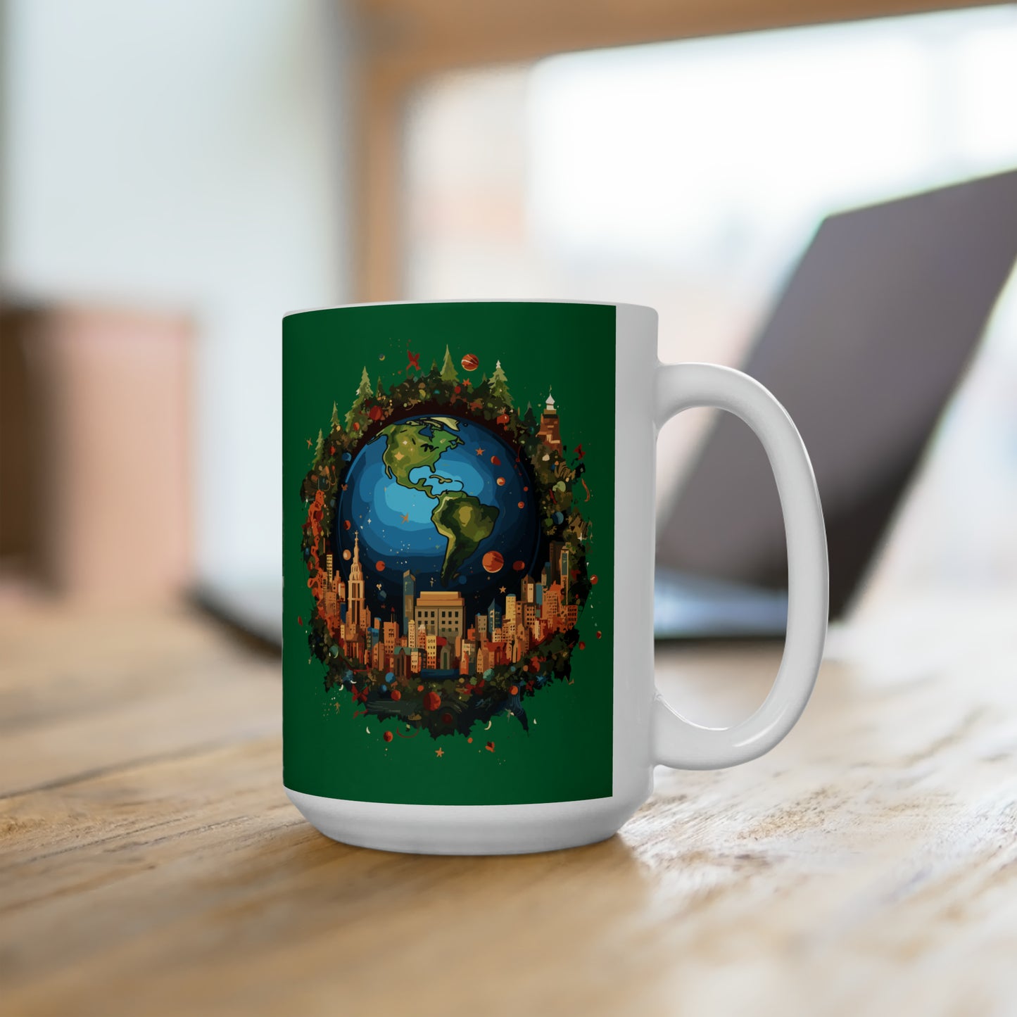 Earth in Christmas decorations and a big Christmas tree, Dark green Ceramic Mug 15oz