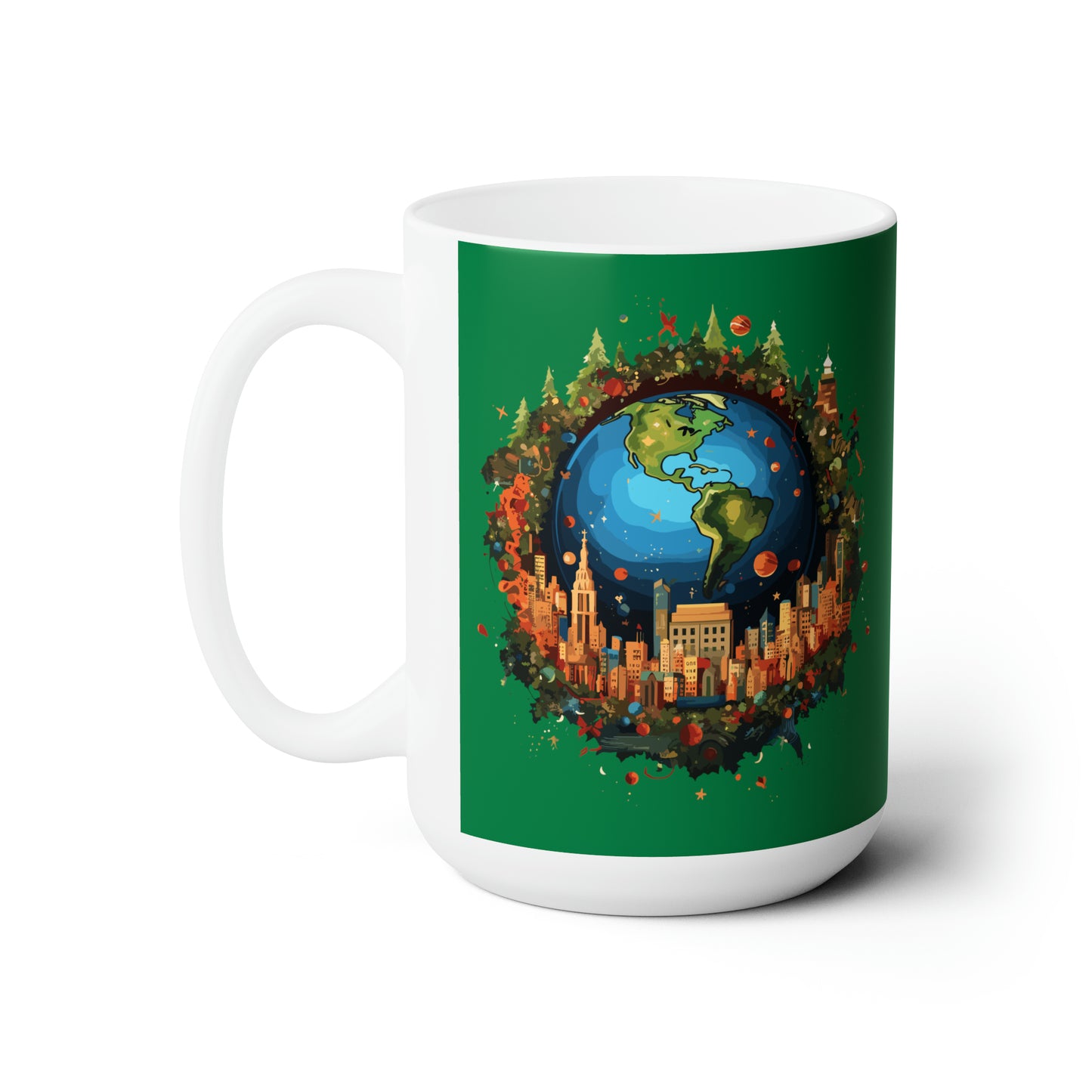 Earth in Christmas decorations and a big Christmas tree, Dark green Ceramic Mug 15oz