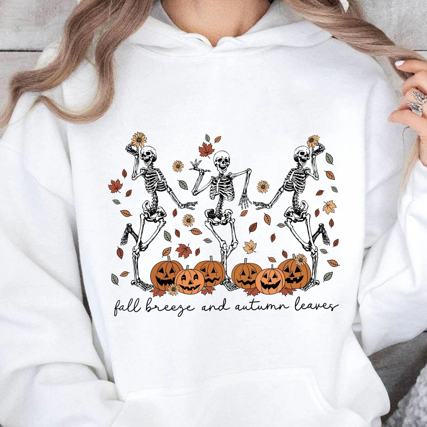 Fall Breeze And Autumn Leaves Halloween Skeleton Shirt Funny Halloween Sweatshirt T1357