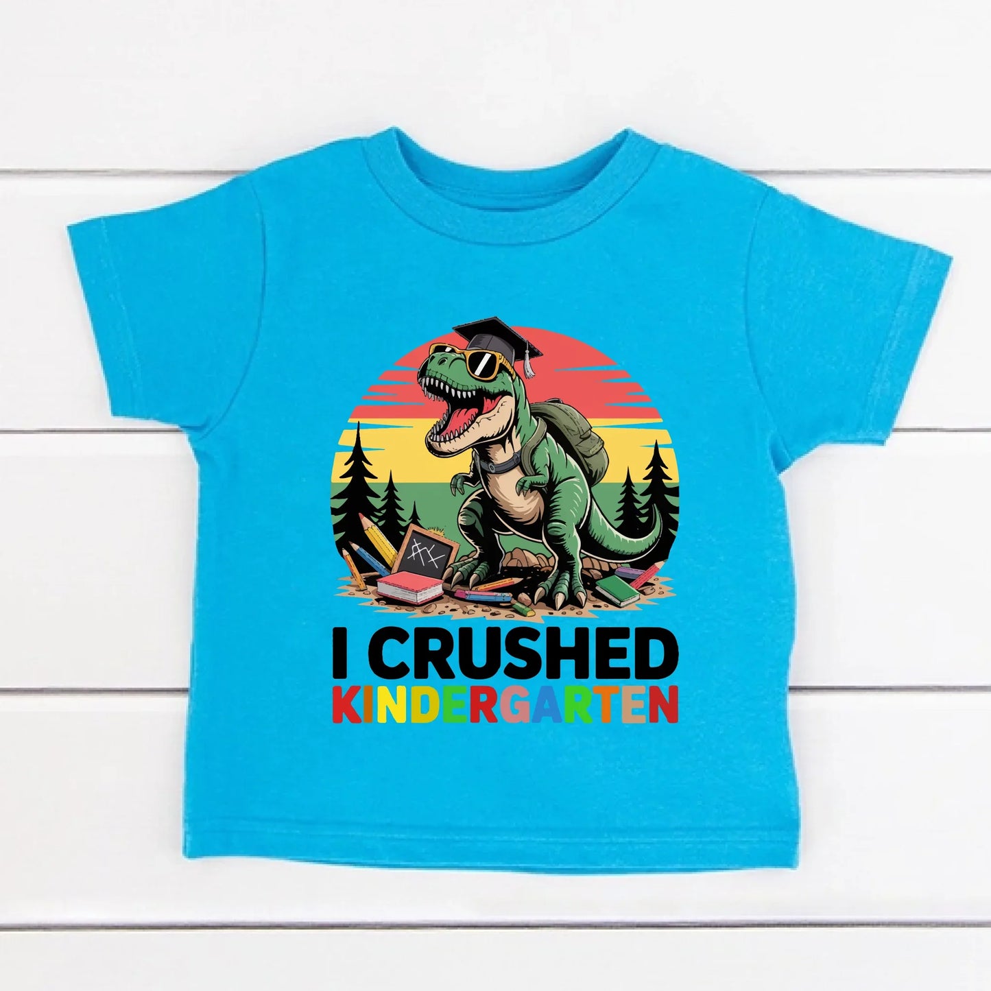 I Crushed Kindergarten T-Rex Dinosaur Graduation T-Shirt for Kids
