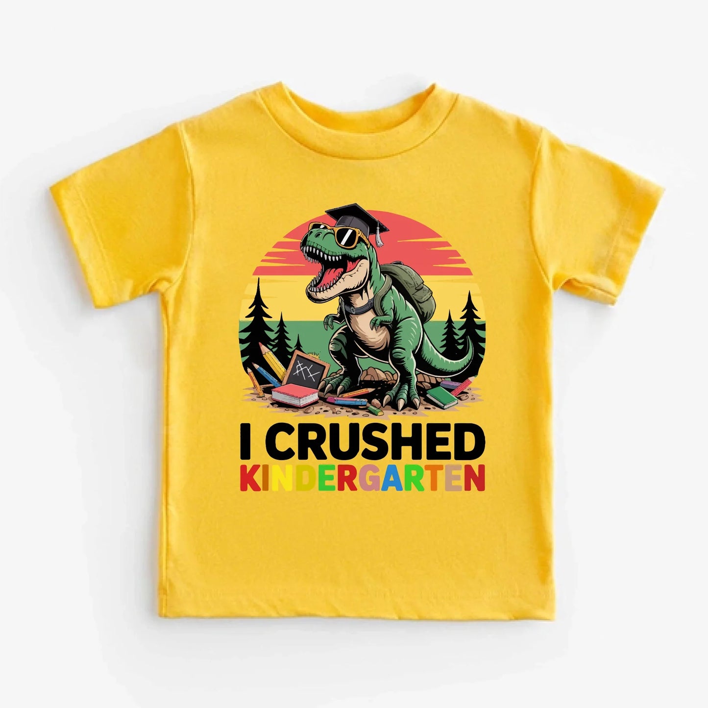 I Crushed Kindergarten T-Rex Dinosaur Graduation T-Shirt for Kids
