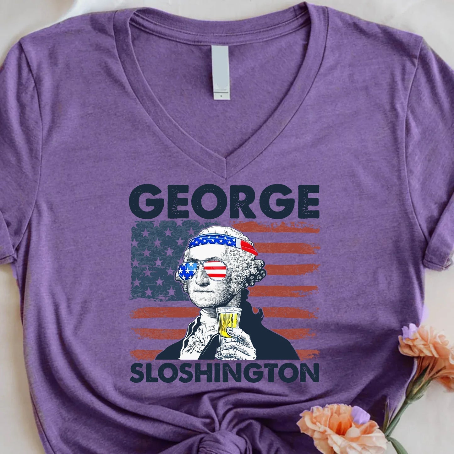George Sloshington 4th of July Unisex V-Neck Shirt Washington Drinking Party Tee
