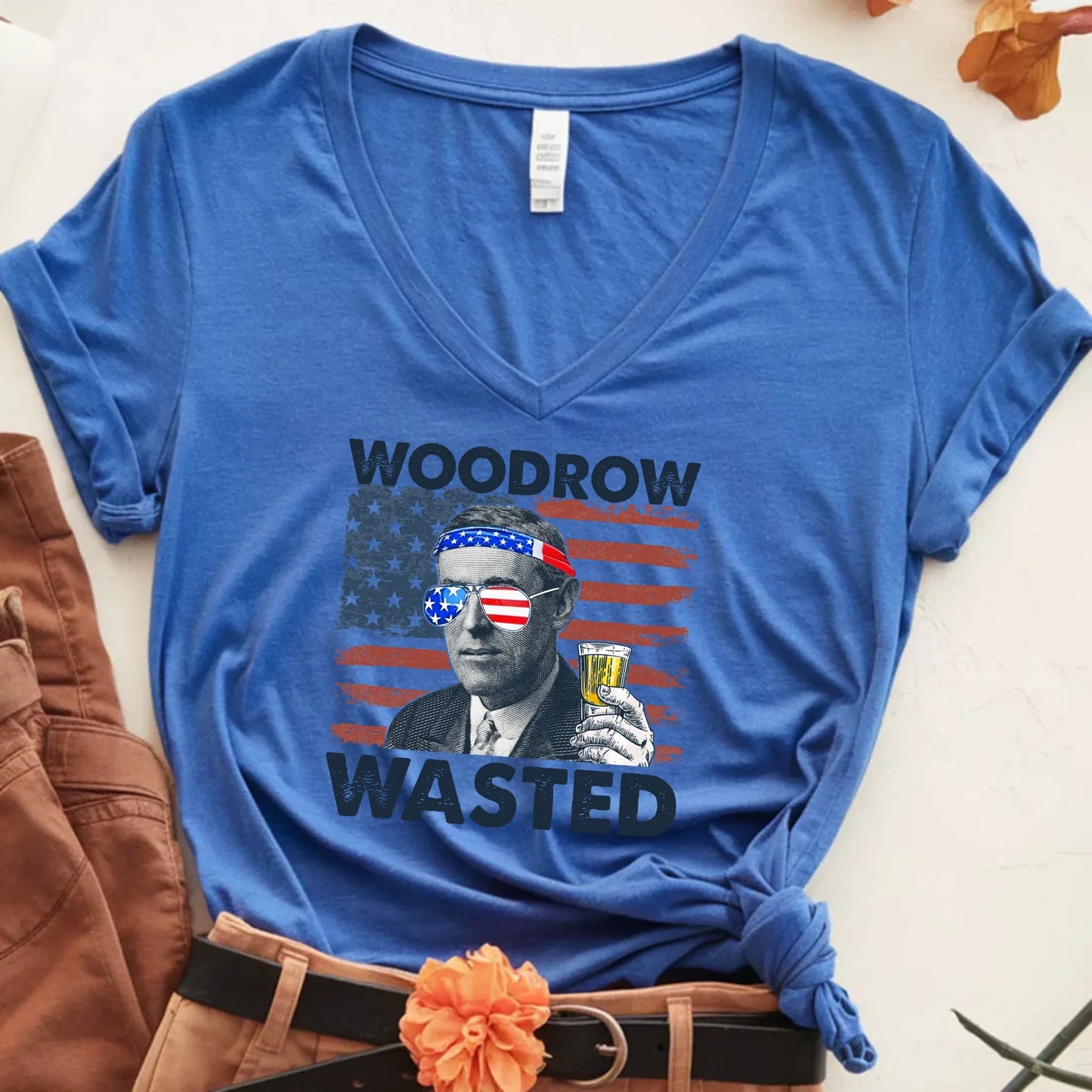 Woodrow Wasted 4th of July Unisex V-Neck Shirt Wilson Patriotic Drinking T-Shirt