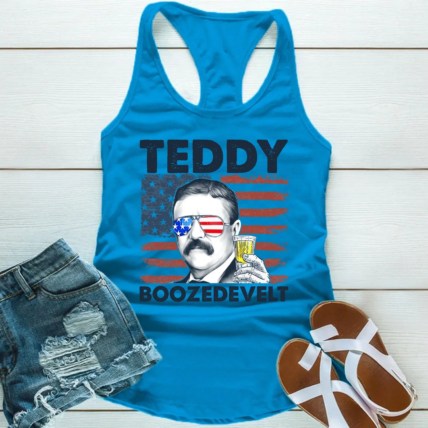 Teddy Boozedevelt Unisex Patriotic Tank Top Funny Party Tee
