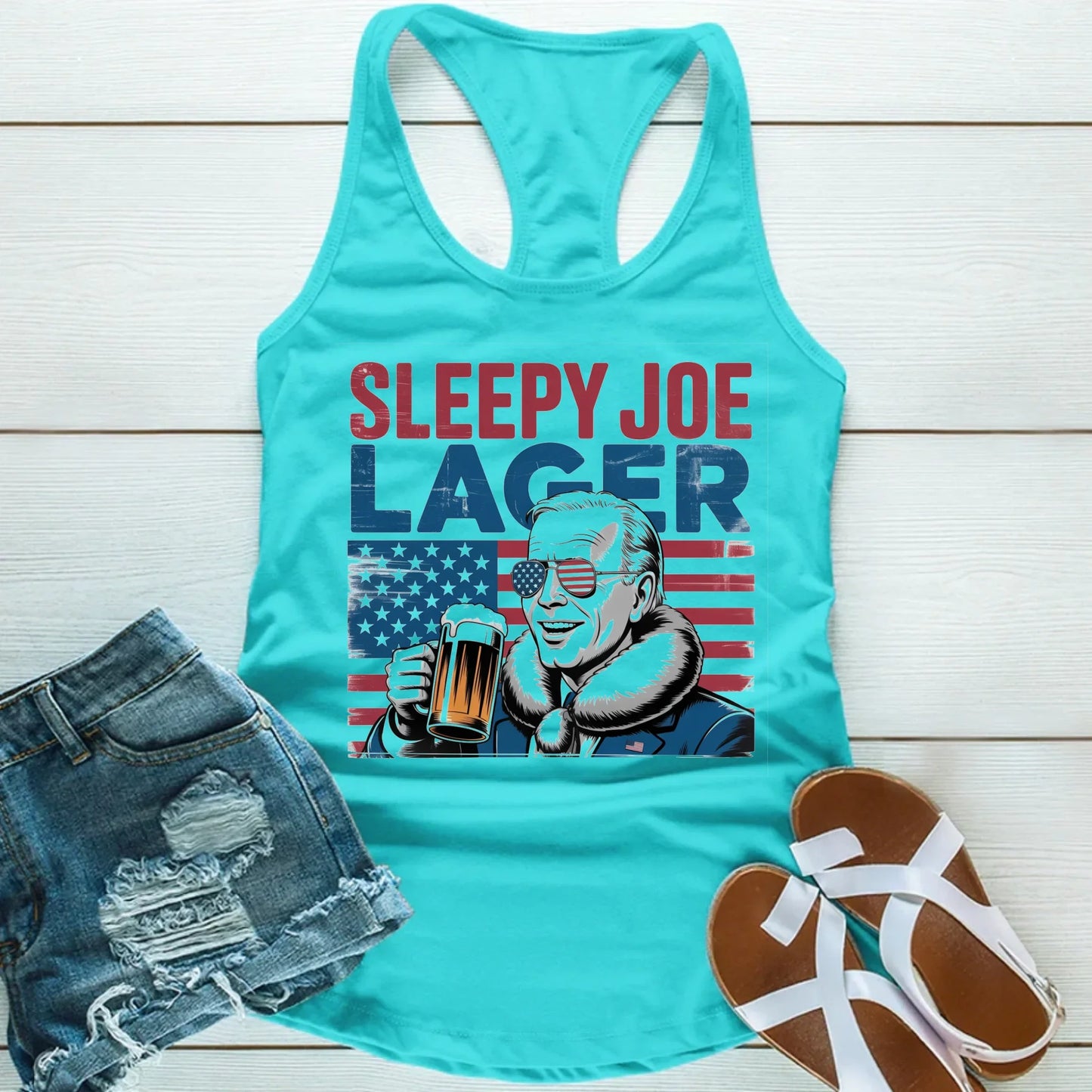 Sleepy Joe Lager Unisex Tank Top – Funny Biden-Inspired Beer Shirt for Independence Day