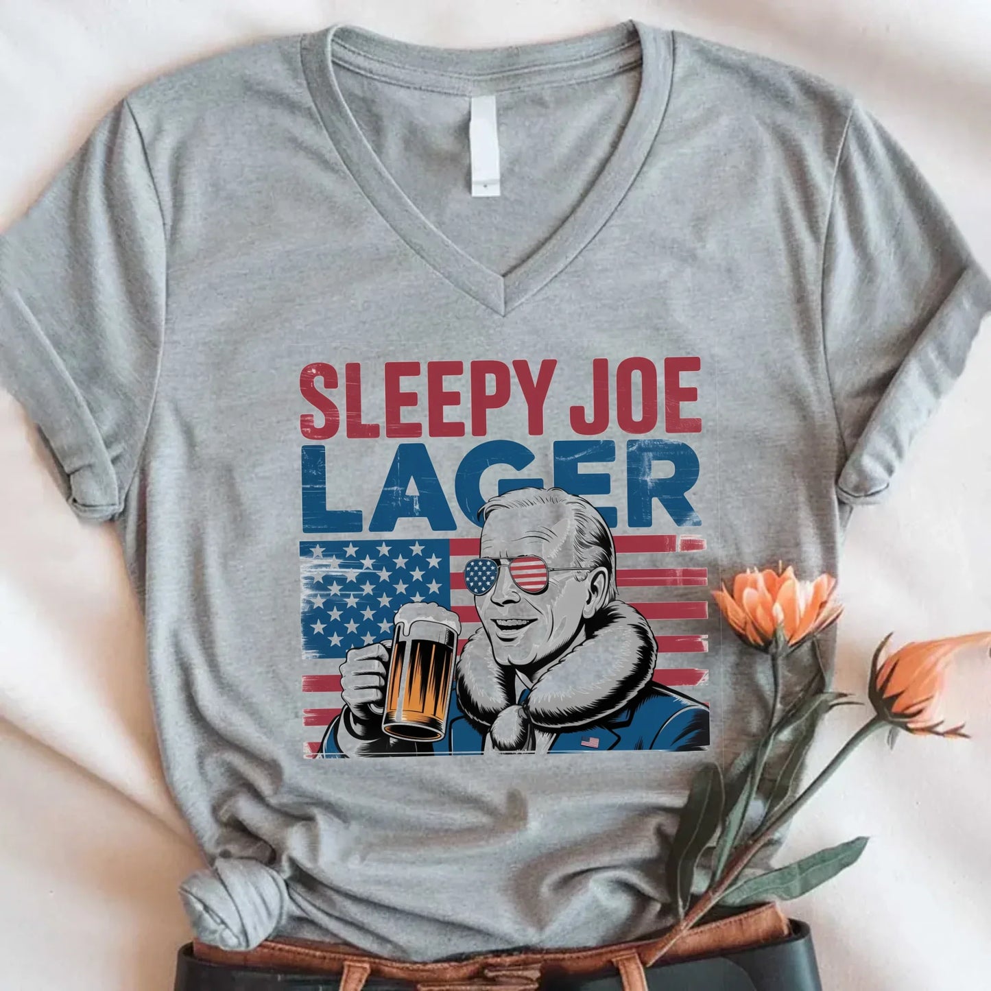 Sleepy Joe Lager V-Neck T-Shirt β Biden-Inspired Funny Beer Tee for 4th of July