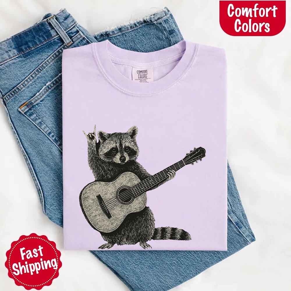 Raccoon Playing A Guitar Comfort Colors T-Shirt Funny Animals