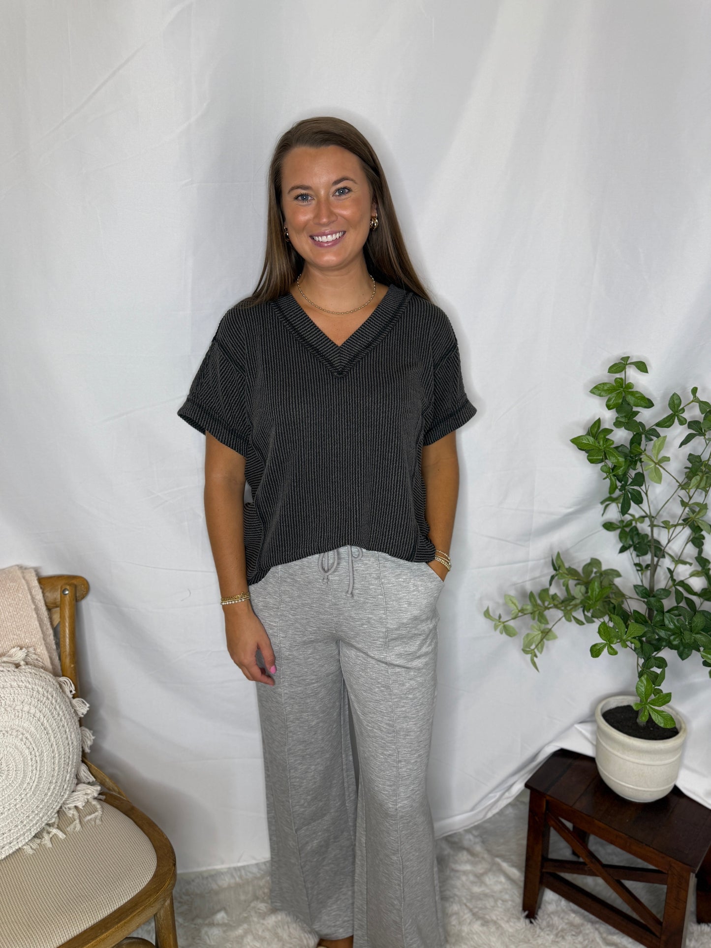 Two Tone Ribbed Knit Top Casual Comfy Short Sleeve