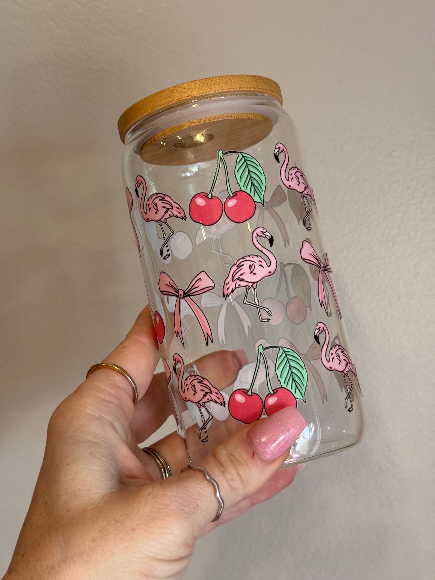 Cherry Flamingo Clear Glass Can 16oz Sawdust and Cedar