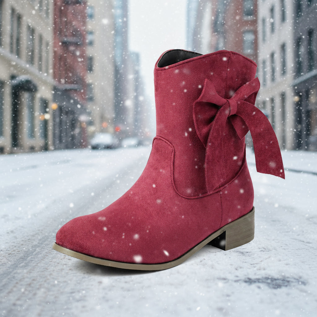 Women’s Low Heel Suede Bow Casual Winter Ankle Boots