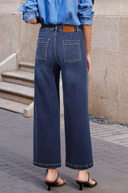 Denim High Waist Patch Pocket Straight Leg Jeans