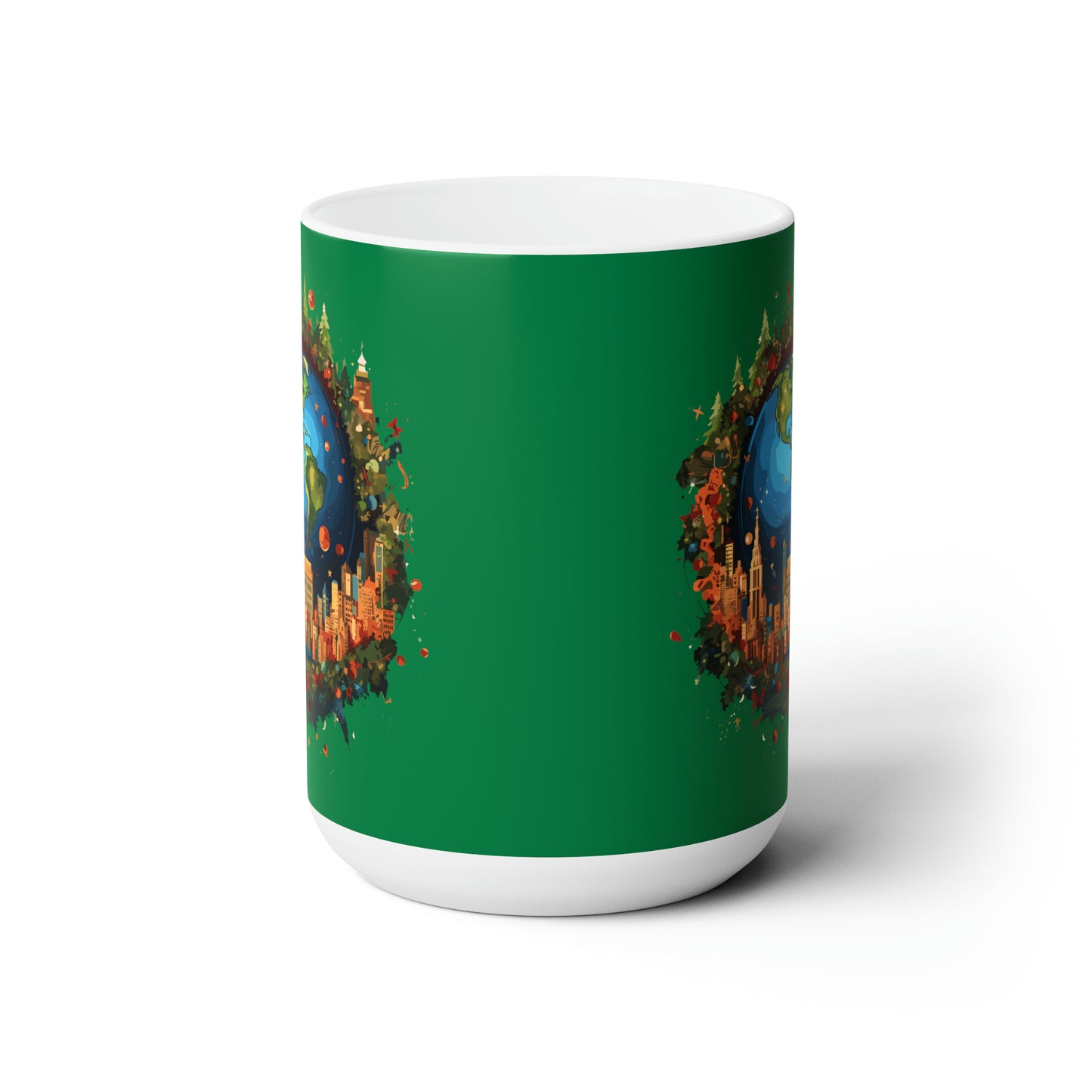 Earth in Christmas decorations and a big Christmas tree, Dark green Ceramic Mug 15oz