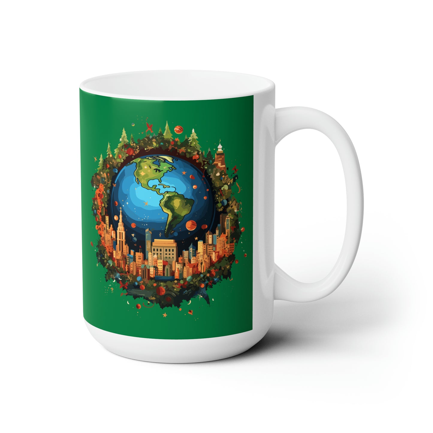Earth in Christmas decorations and a big Christmas tree, Dark green Ceramic Mug 15oz