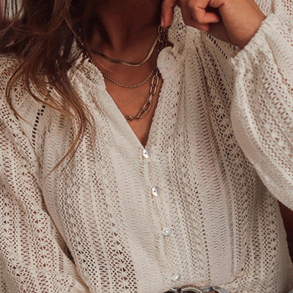 White Lace Hollow Out Puff Sleeve Button Up Shirt