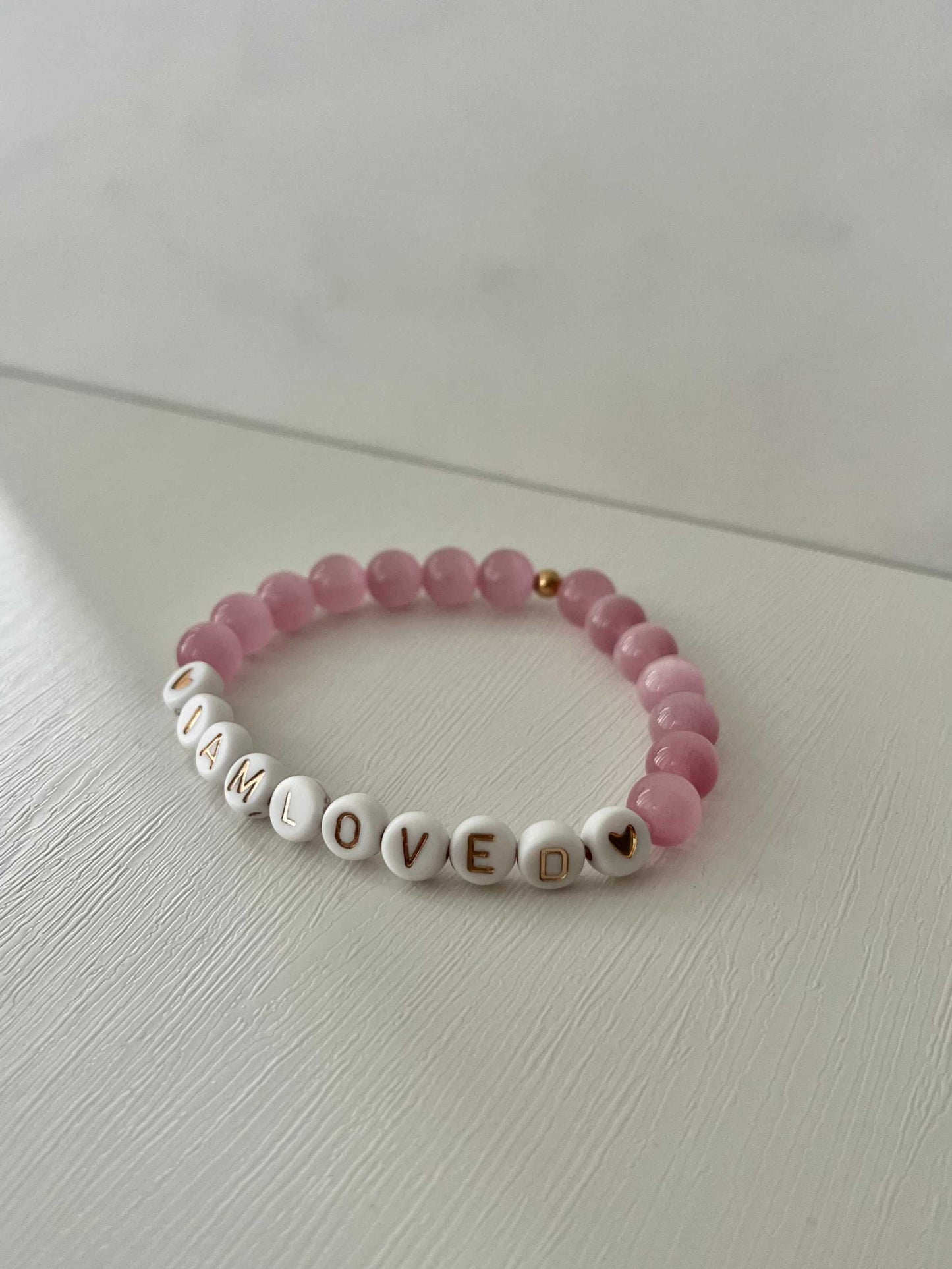 Pink Opal and White Bead I Am Loved Bracelet Christian Jewelry