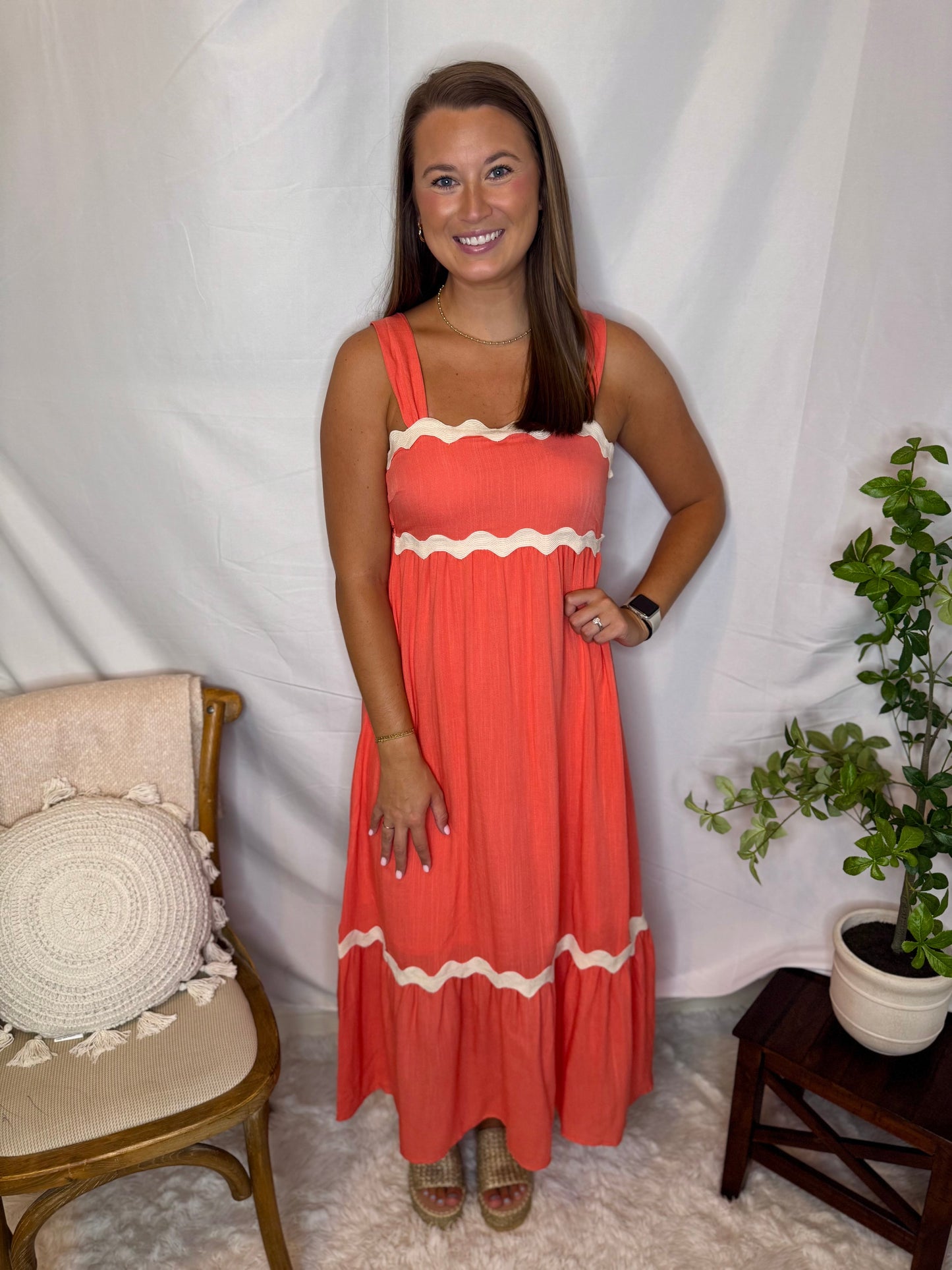 Wavy Trim Adjustable Strap Midi Dress Sweet Jude Boutique