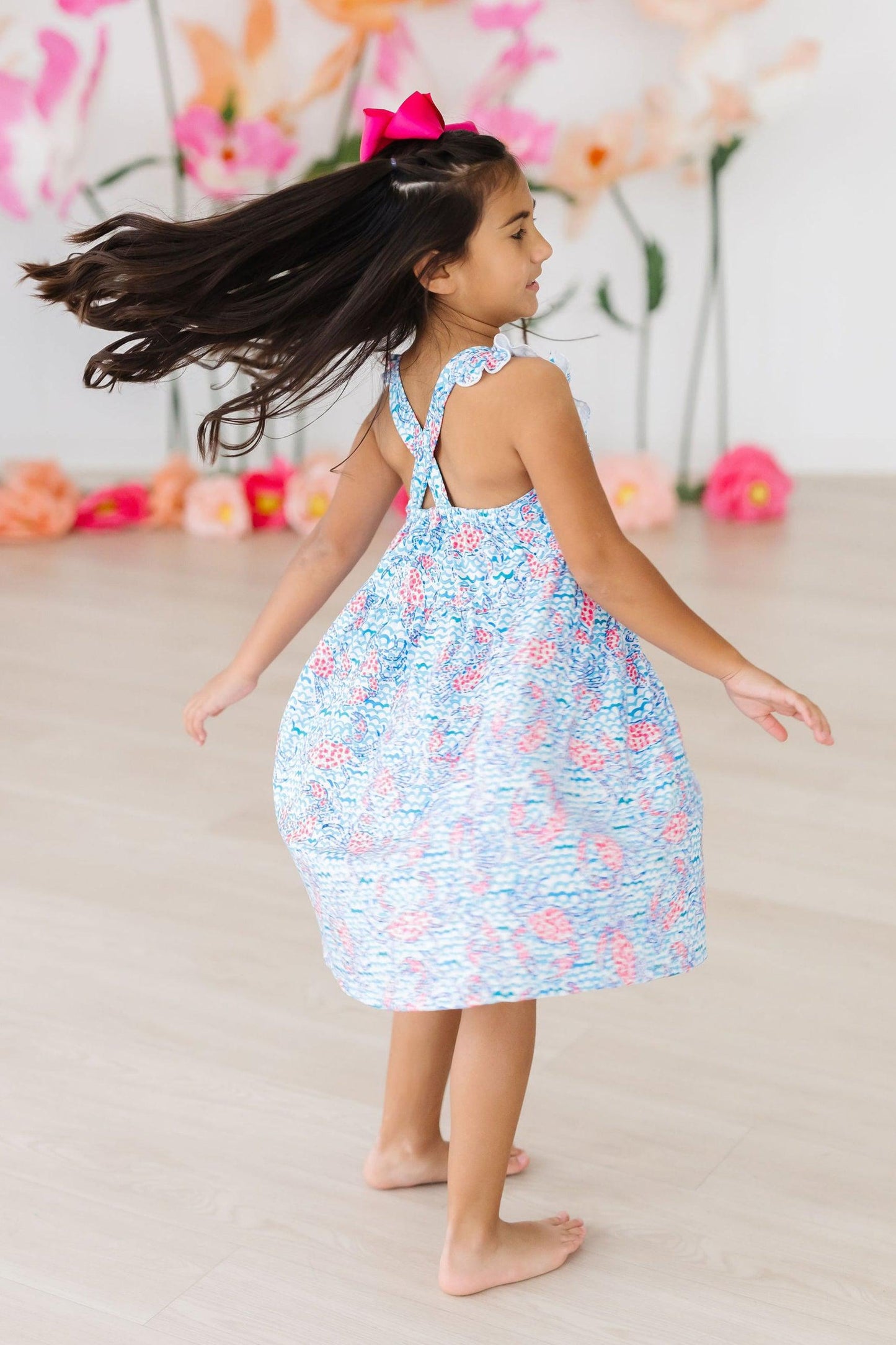 Crab Walk Ruffle Cross Back Dress with Ruffle Shoulder