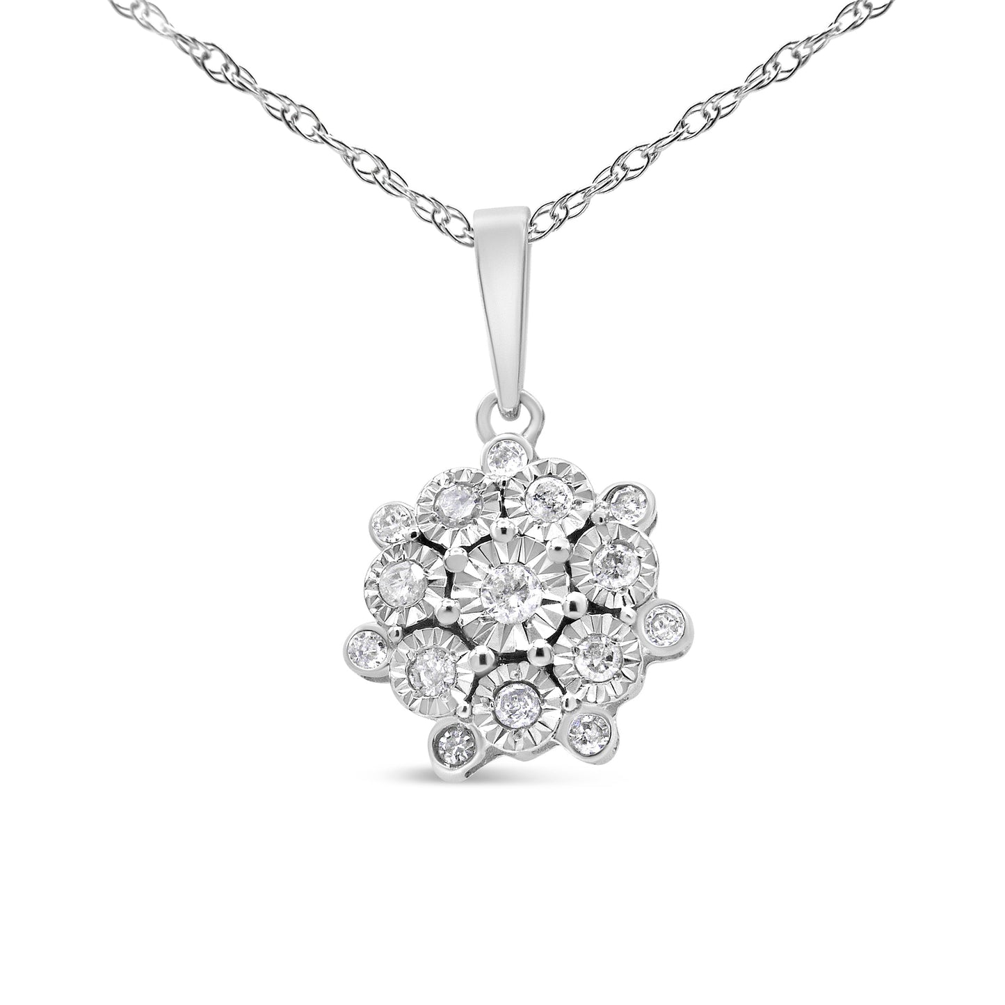 .925 Sterling Silver 1/4 Cttw Miracle Set Diamond Floral Cluster 18" Pendant Necklace For Women (I-J Color, I1-I2 Clarity)
