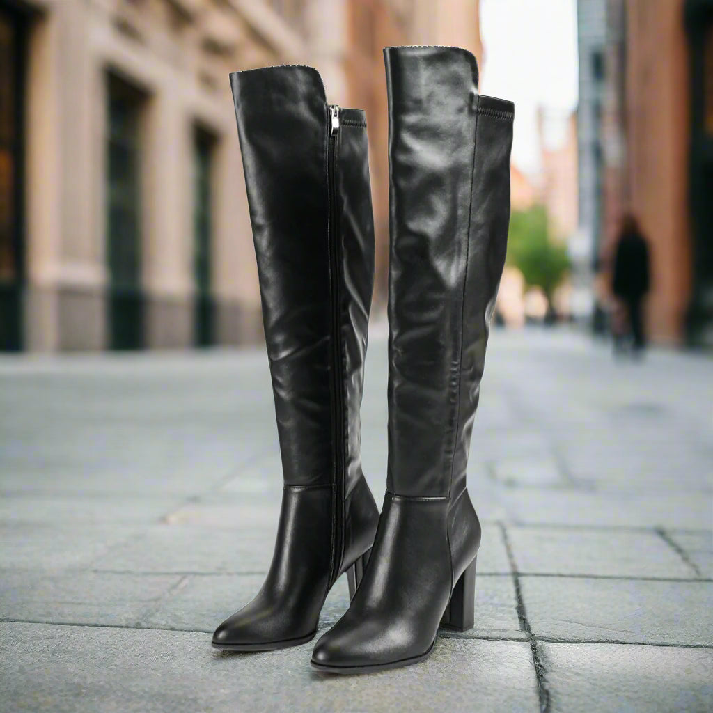 Pointed Toe Chunky-Heel Knee High Leather Boots