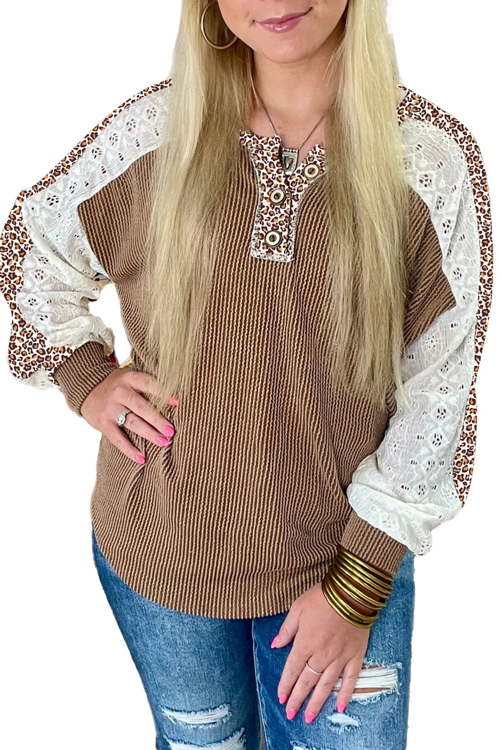 Leopard Patchwork Lace Sleeve Henley Top Medium-High Elasticity Vineyard Green