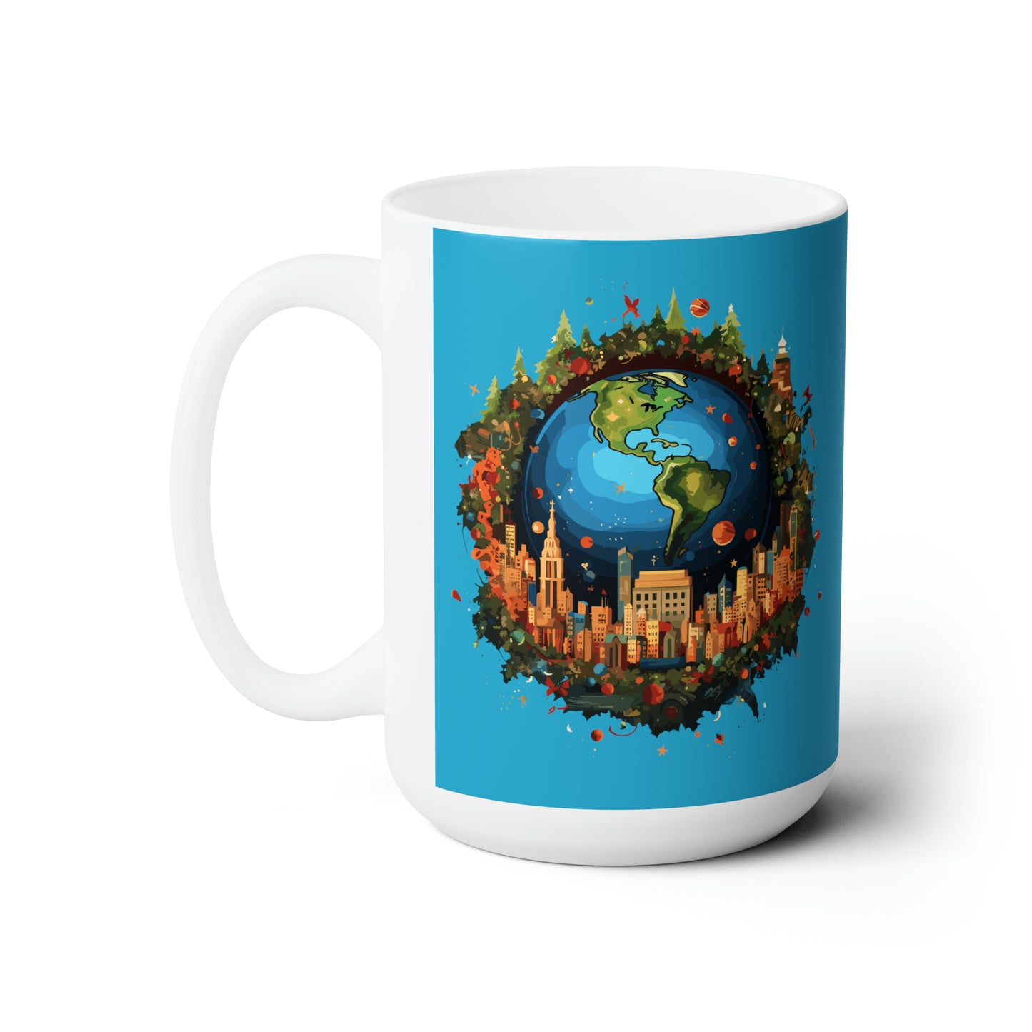 Earth in Christmas decorations and a big Christmas tree, light blue Ceramic Mug 15oz