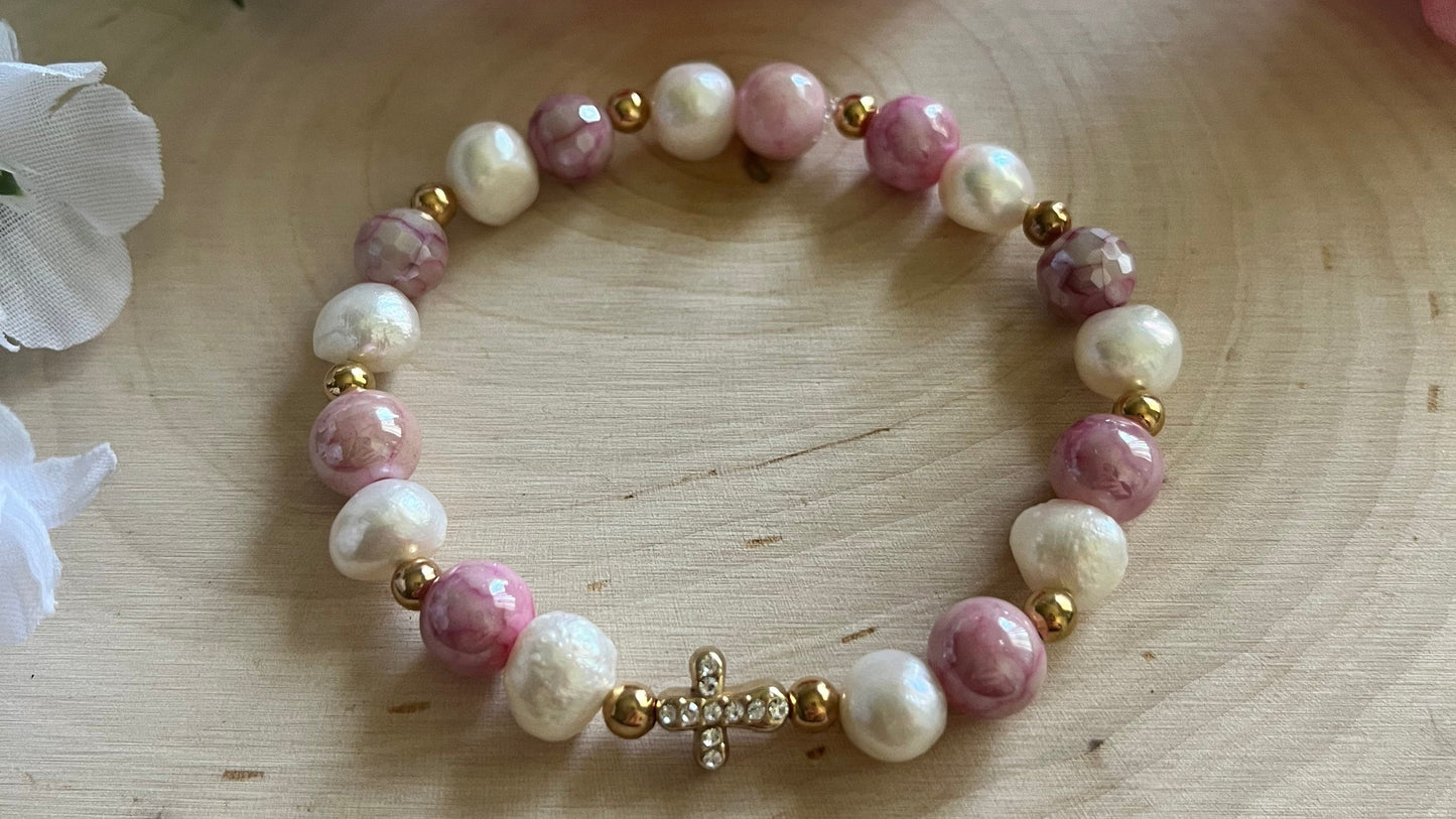 Pink Pearl Bead Gold Cross Bracelet – Christian Jewelry Gift for Her