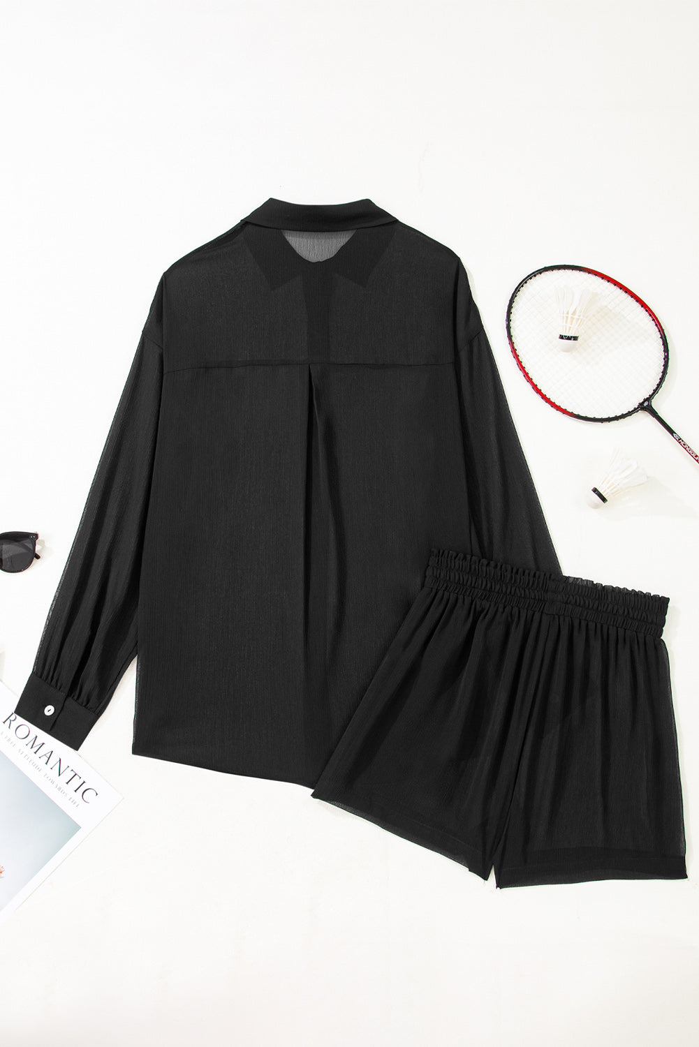 Black Sheer Tunic Shirt Drawstring Shorts Swim Cover Up