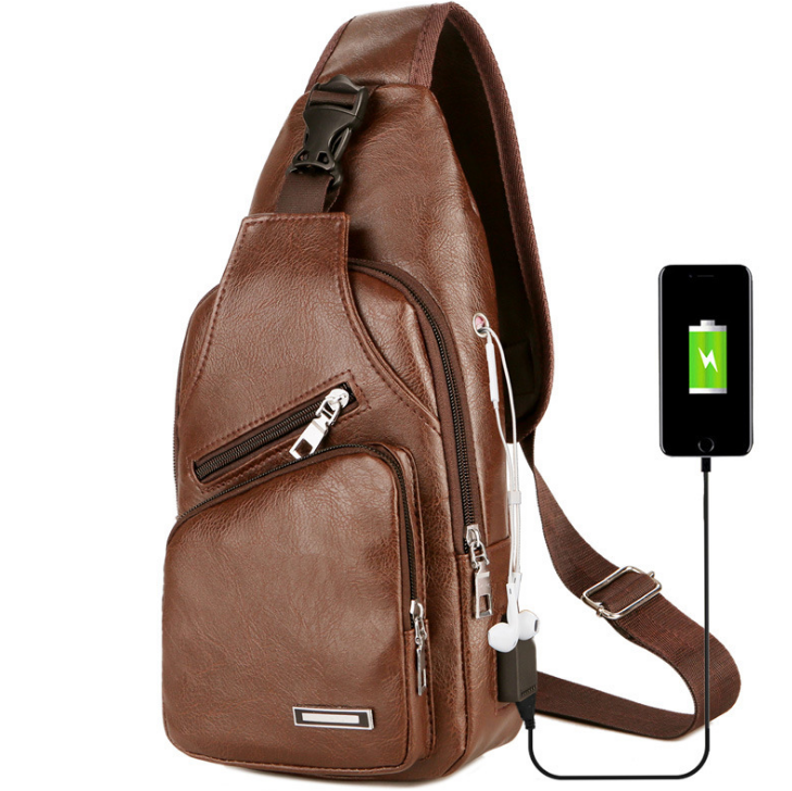 USB Portable Charging Chest Bag Messenger Bag PU Leather