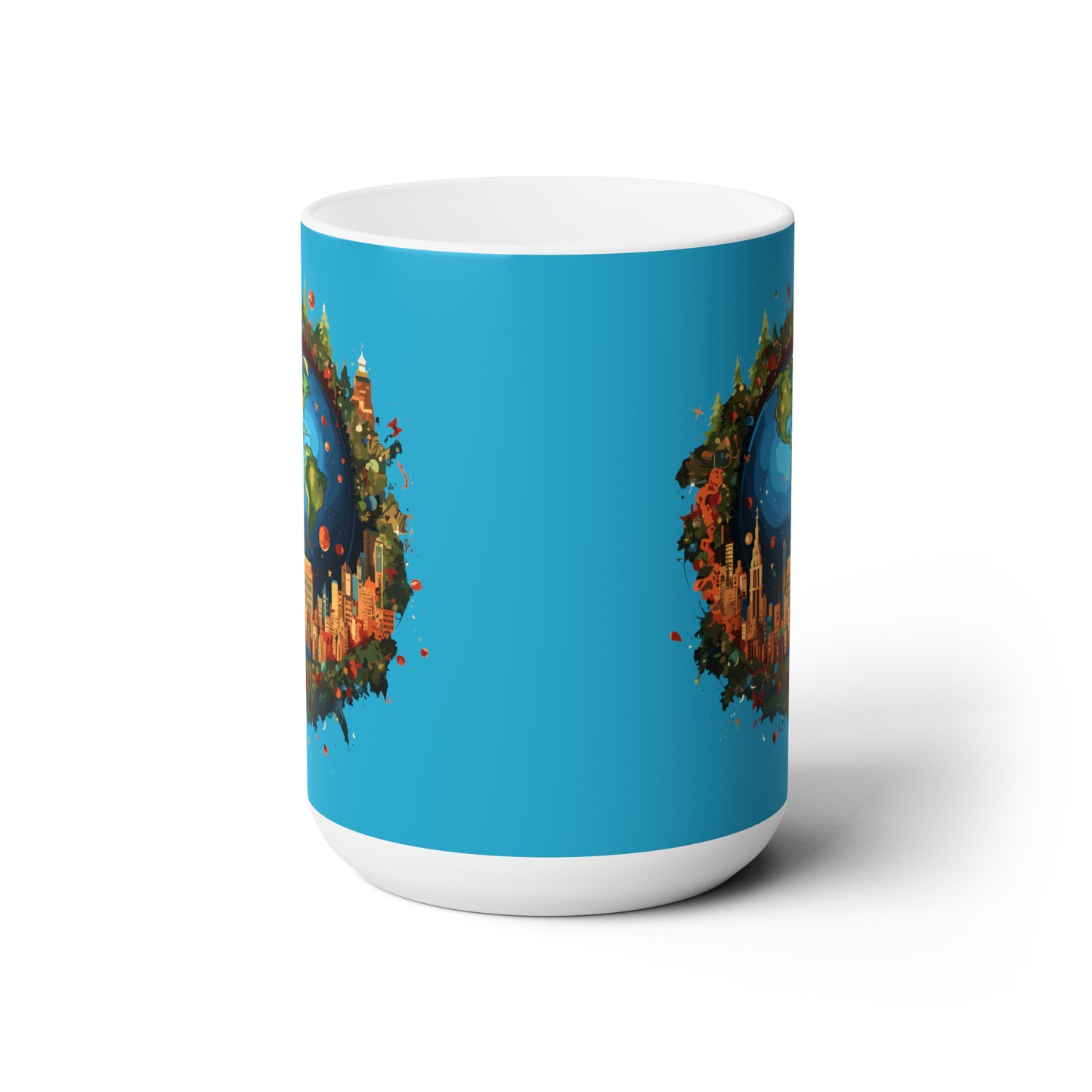 Earth in Christmas decorations and a big Christmas tree, light blue Ceramic Mug 15oz