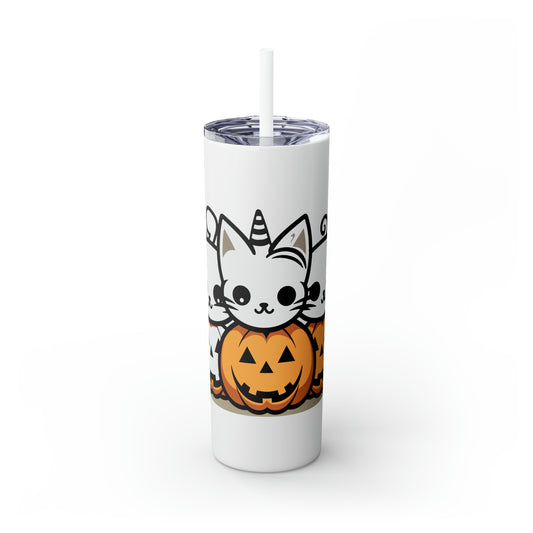 Halloween Skinny Tumbler with Straw 20oz - Spooky Drinkware - Cat Theme - BPA-Free, Reusable Cup, Halloween Tumbler, Halloween Gift