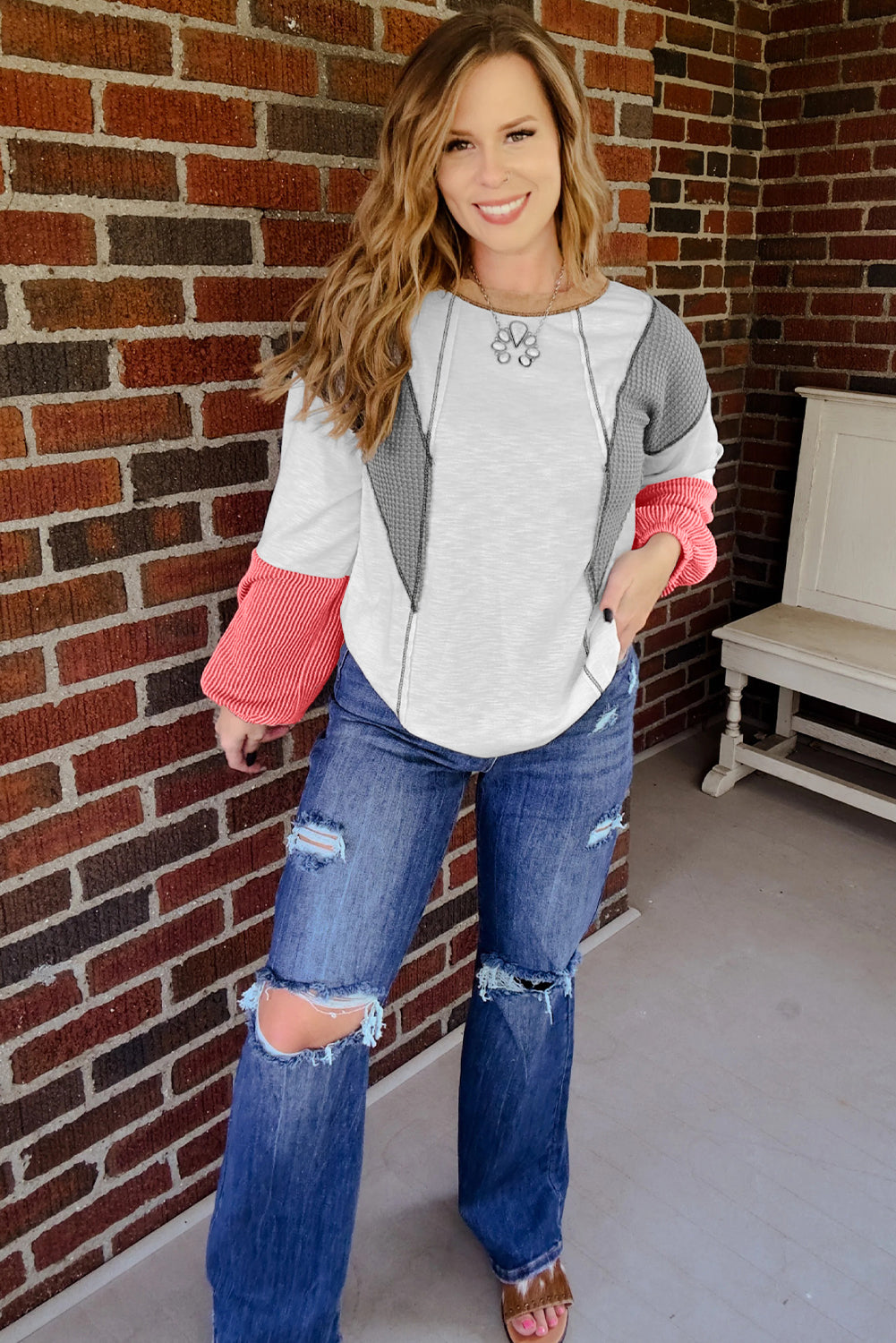 White Contrast Block Mixed Textured Knit Casual Top