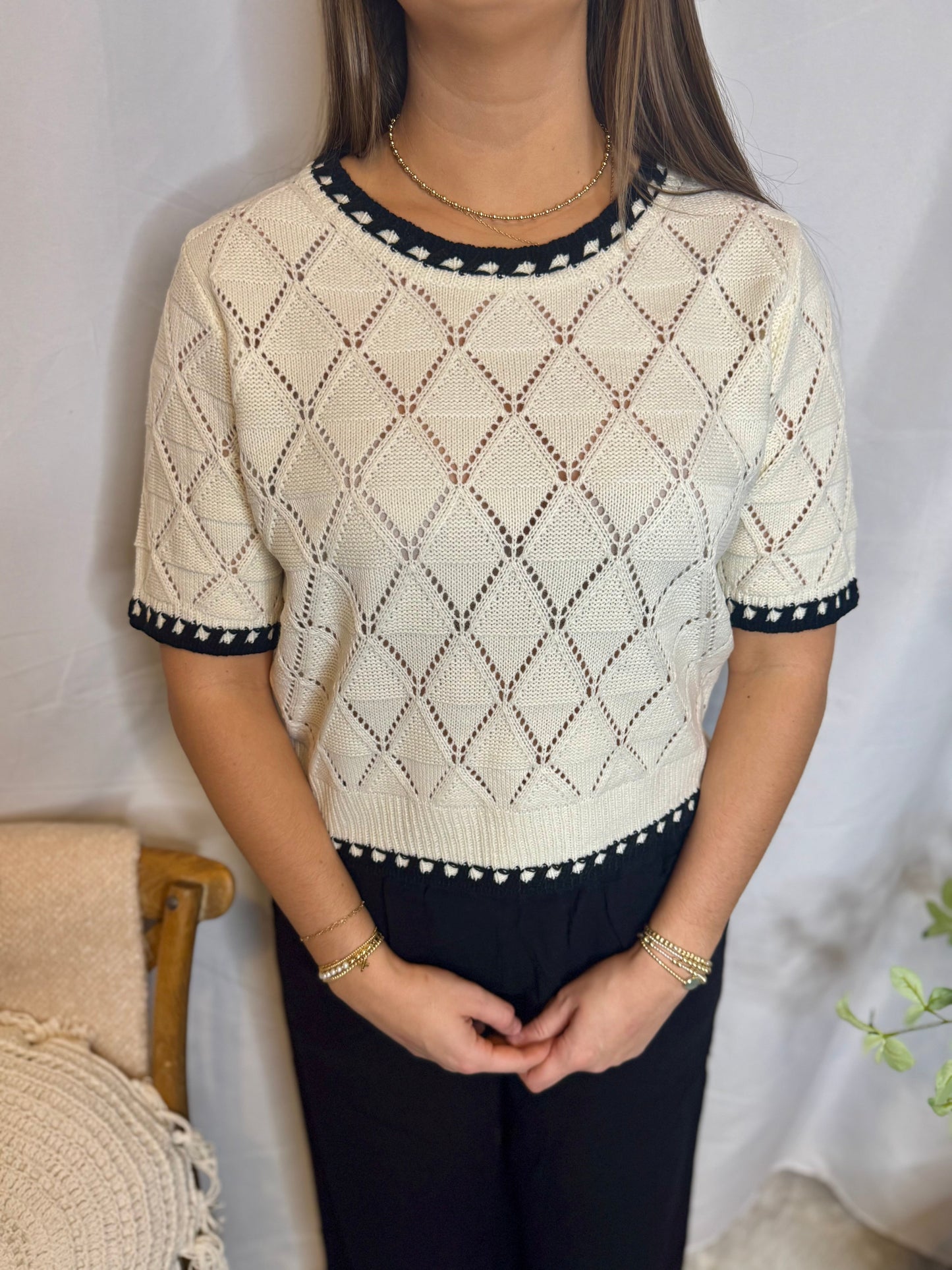 Diamond Detailing Cream Black Sweater Top Sweet Jude Boutique